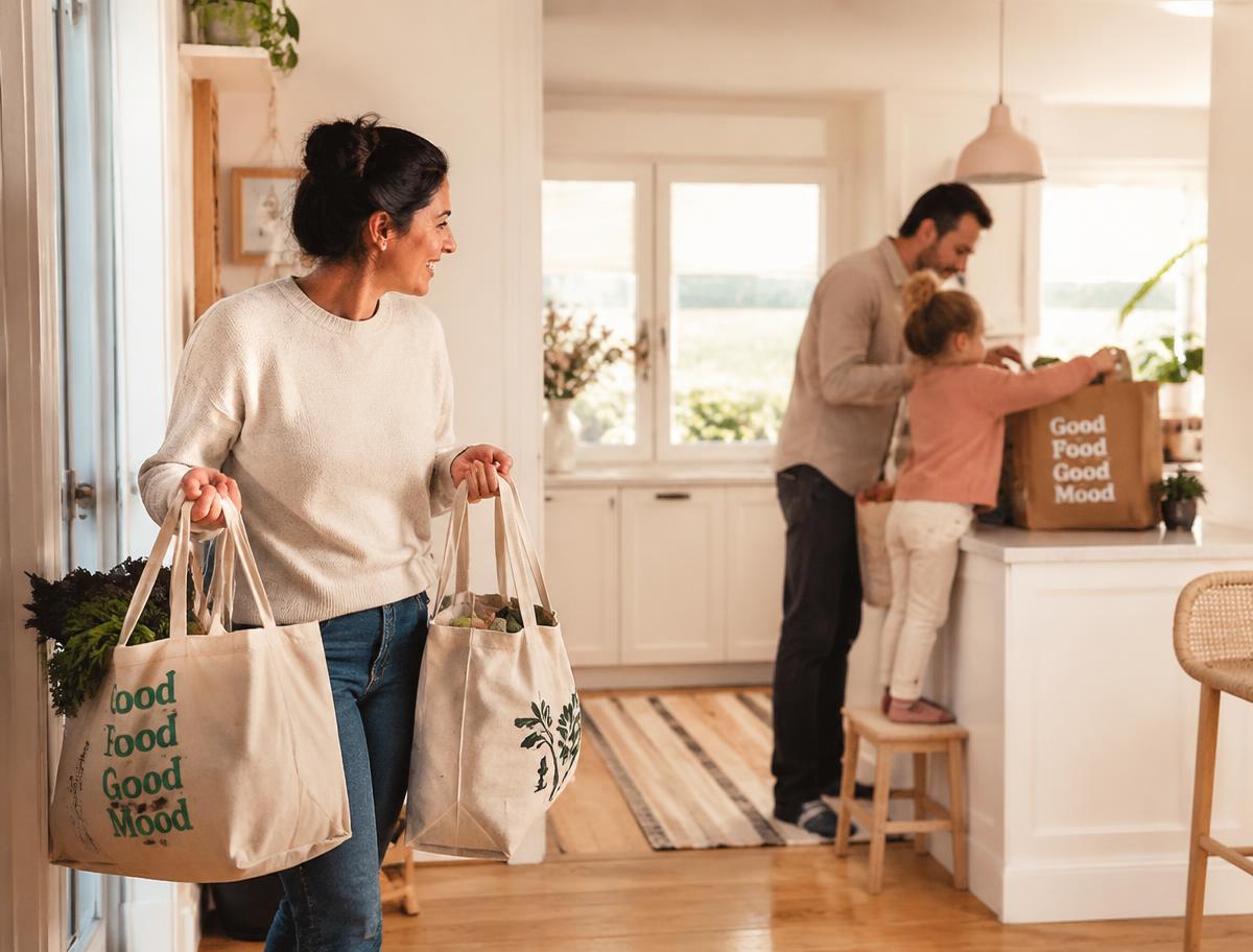 A helper bringing groceries into a family kitchen