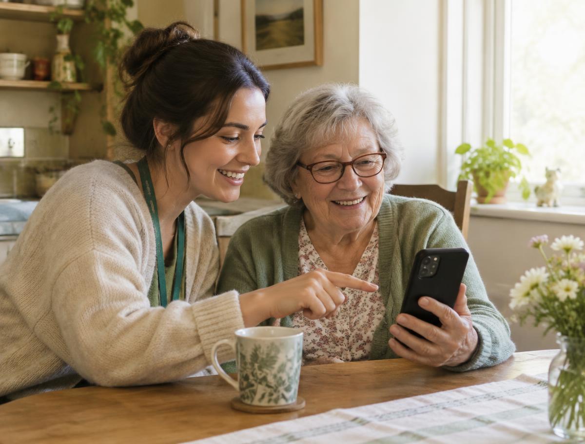 A helper showing an older woman how to use her smartphone